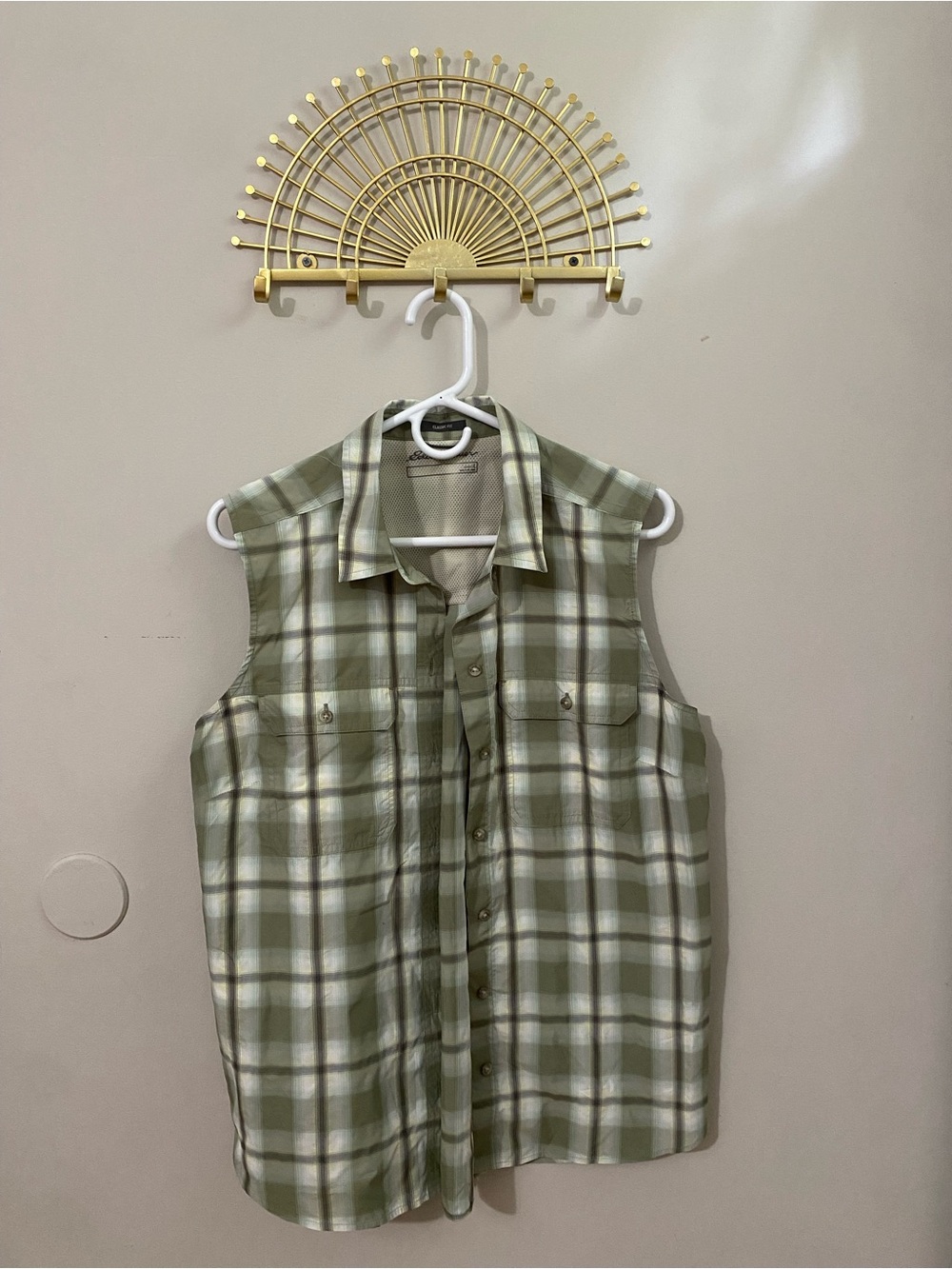 Eddie Bauer Olive Green and White Plaid Sleeveless Button-Down Shirt